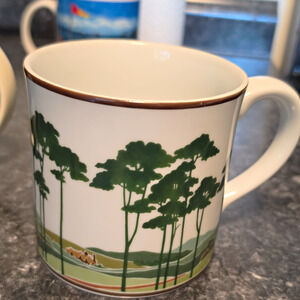 Aramis Devin Ceramic Coffee Mug 20 fl oz White Green Landscape Brown Rim